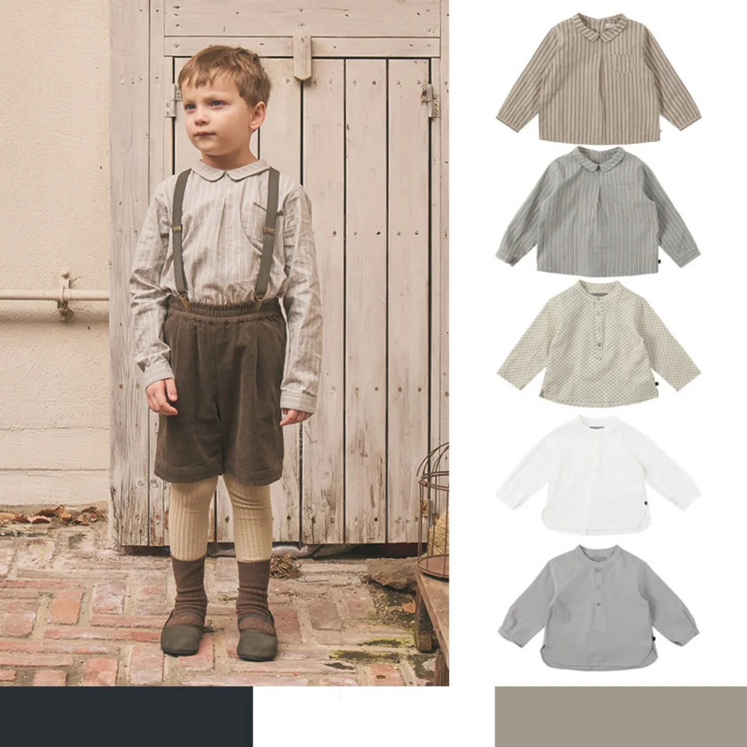 Boys Cotton Shirt 2026 Autumn Winter Classic Stripes Lapel Collar Long Sleeve Children Casual Top