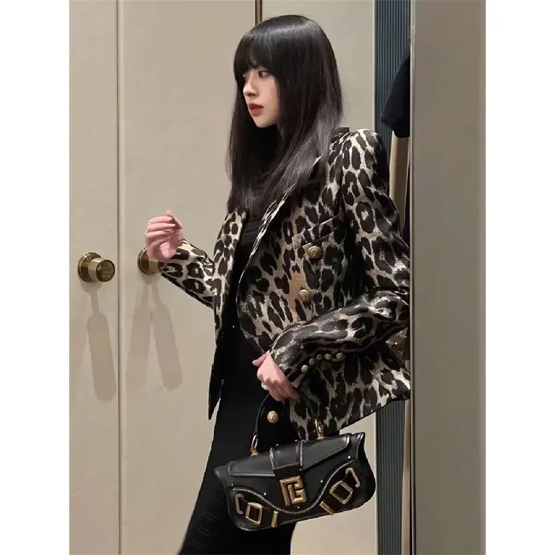 2024 Spring Autumn Blazer Vintage Leopard Print Suit Jacket Women Short Jackets Fashion Double-Breasted Coat Outwear Female