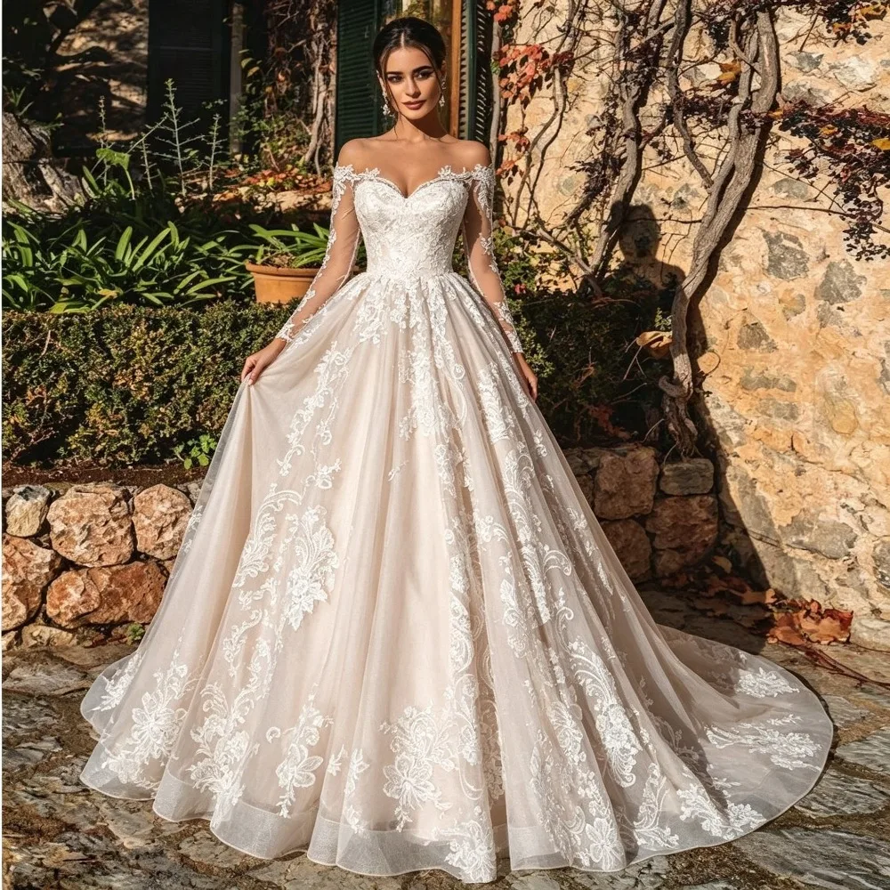 

Customized Elegant Off Shoulder Lace Long Sleeve Mermaid Wedding Dress Appliques Court Train Bridal Gown Vestidos De Novia