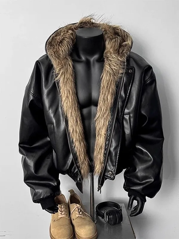 

Мужская утепленная куртка из хлопка с двусторонней отделкой из меха и кожи, с капюшоном, в стиле Mountain Eagle, модная, теплая, на молнии, с длинными рукавами