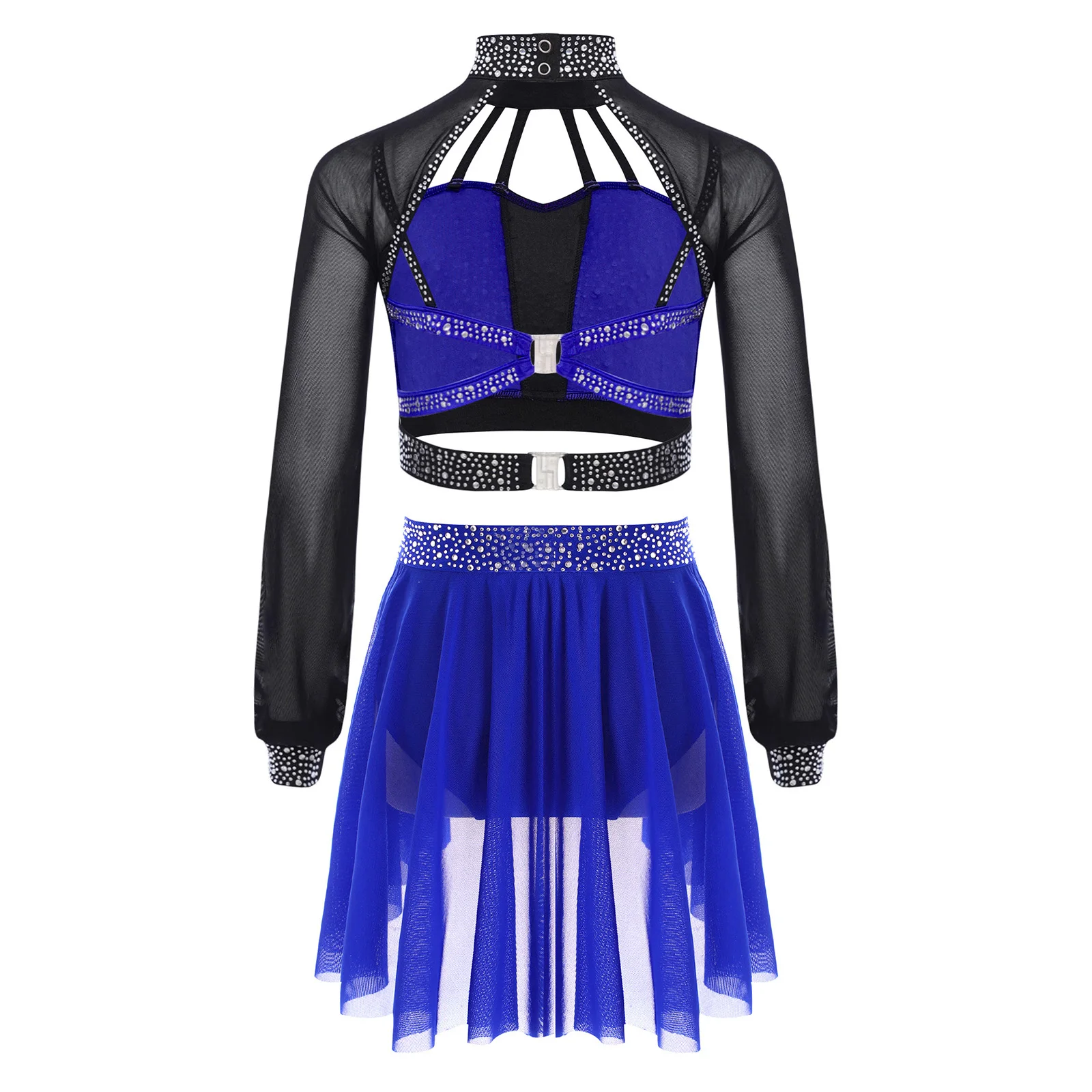 Ginnastica ritmica per ragazze Acrobazie Danza Pattinaggio di figura Costume Manica lunga Strass Crop Top con gonna a rete Vestito da balletto