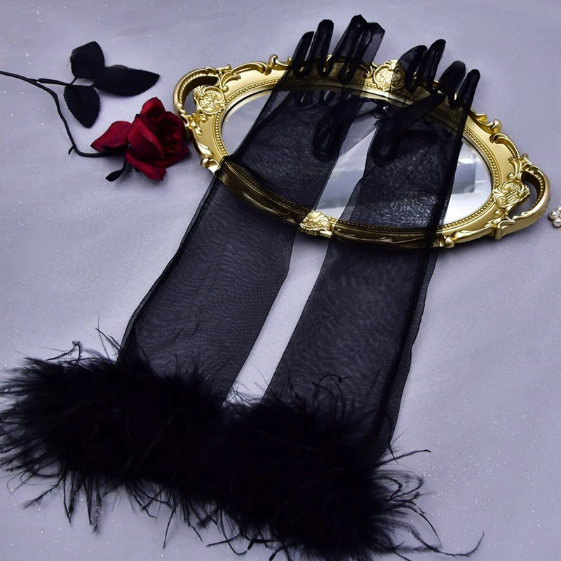 Fashion Thin Bridal Etiquette Gloves Stage Feather Sleeves Long Stretchy Elbow Tulle Opera Gloves Costume Evening Party Gloves