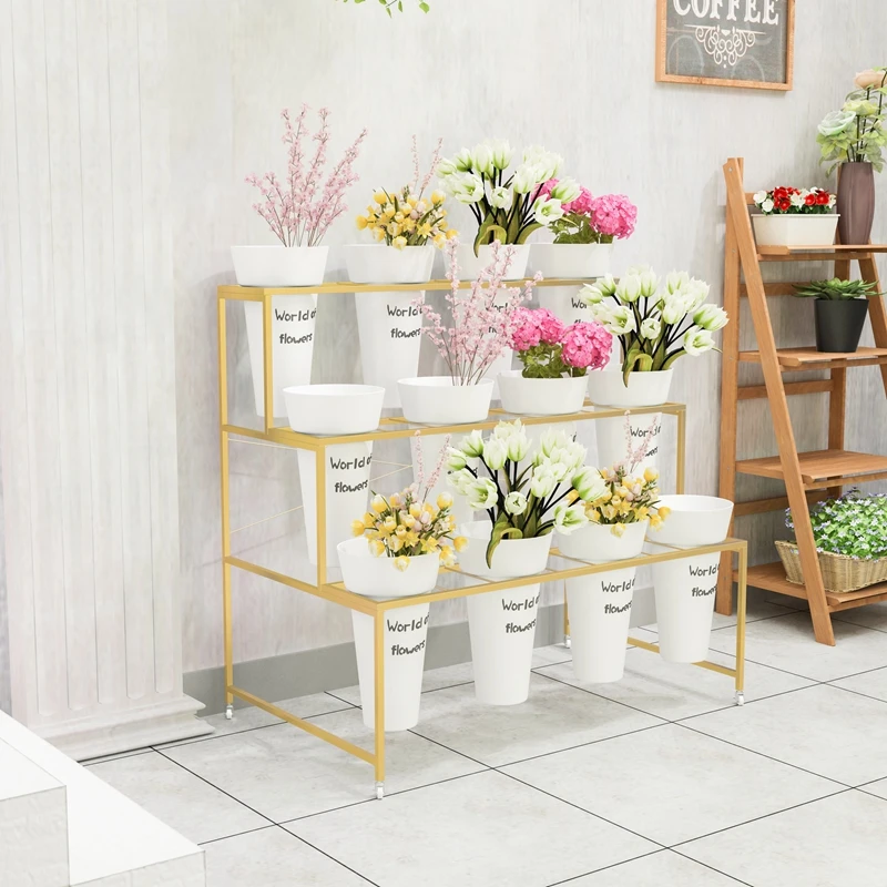 Nordic gold wrought iron flower shop flower stand movablestand with universal wheeldisplay rack bucket