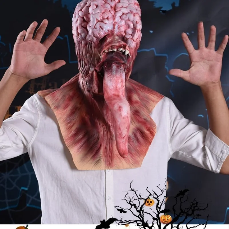 Nuovo copricapo horror di Halloween, maschera monster a lingua lunga, maschera smorfia horror, maschera da demone in lattice monster a lingua lunga.