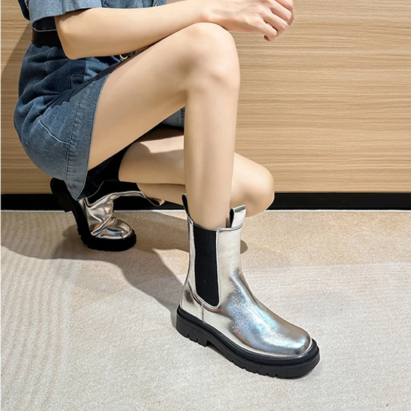 Silver Chimney Boots Chelsea Ankle Boots Autumn Women\'s New Waterproof Rain Boots Fashion Slip-on Thick-soled Thick-heeled Boots