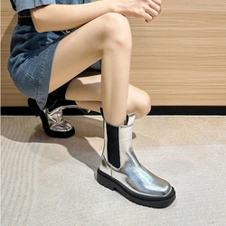 Silver Chimney Boots Chelsea Ankle Boots Autumn Women's New Waterproof Rain Boots Fashion Slip-on Thick-soled Thick-heeled Boots