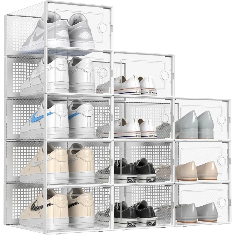 X-Large 12 Pack Shoe Storage Box with Magnetic Door, Fit up to Size 13, Clear Plastic Stackable Shoe Organizer