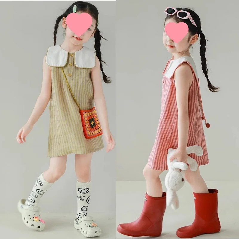 2025 New Girl's Striped Doll Neck Dress Cute and Eye catching Style  girls clothes  kids dress