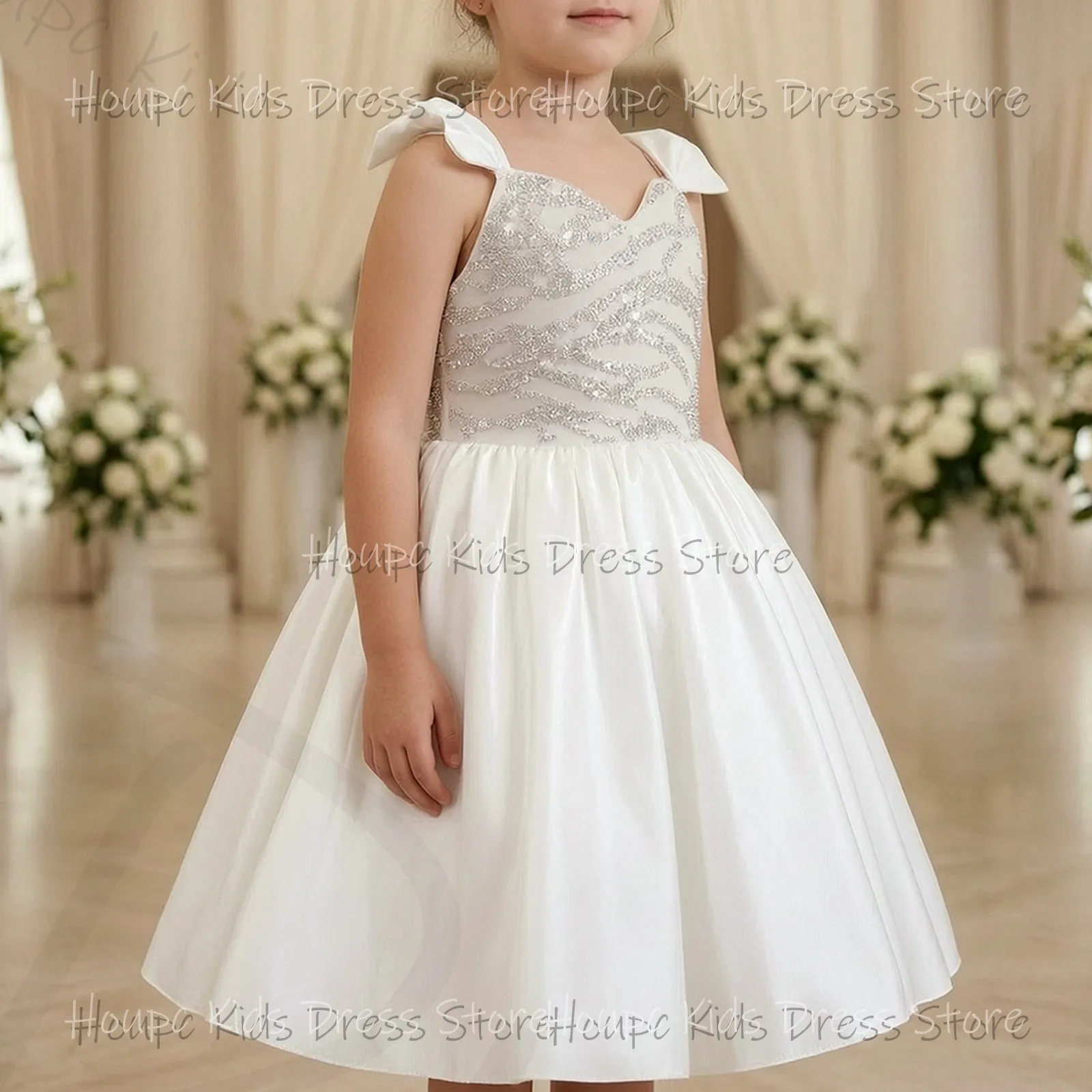 Wedding Custom Flower Girl Dresses Sweetheart Neckline Satin Beaded Bodice A-Line Knee-Length Wedding Birthday Party