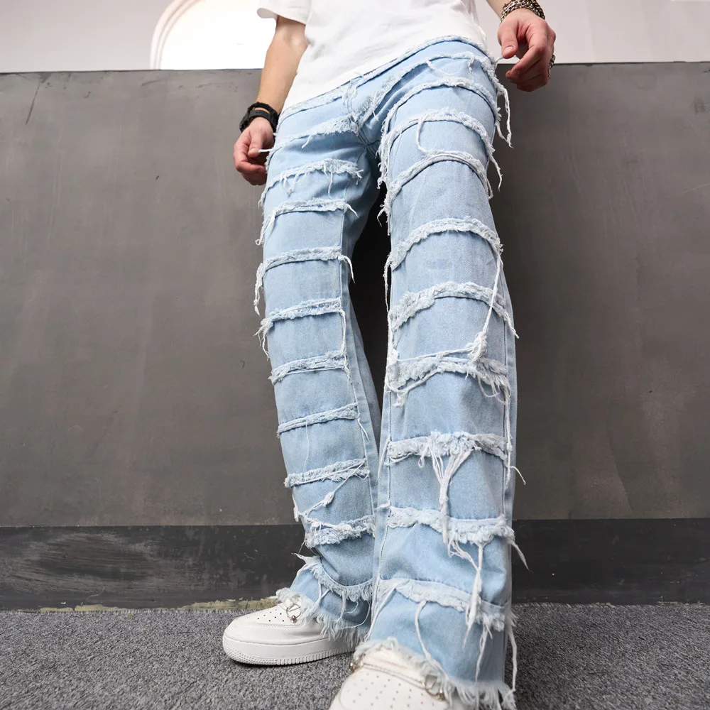 High street Men Loose Stacked Spliced Biker Jeans Straight Trousers Męskie hip hopowe stylowe spodnie motocyklowe dla mężczyzn