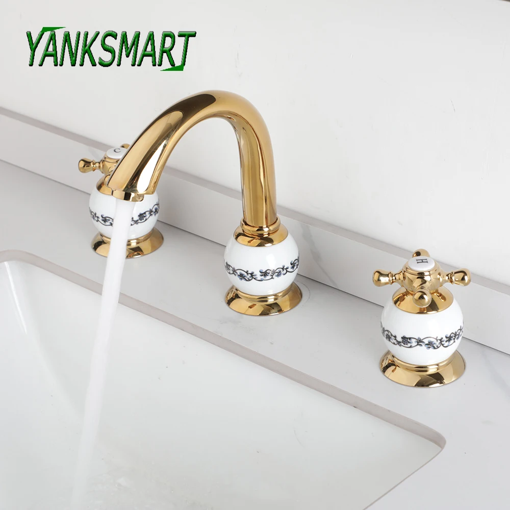 

YANKSMART 3 PCS Gold Bathroom Faucet With Ceramic Marble Handles Deck Mounted Basin Faucets Mixer Water Tap Bathtub Torneira