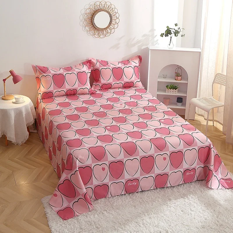 Romantic Pink Love Bed Sheet Set Girly Kawaii Heart Bedding Set for Kids Boys Girls Cartoon Love Geometric Cotton Flat Sheet