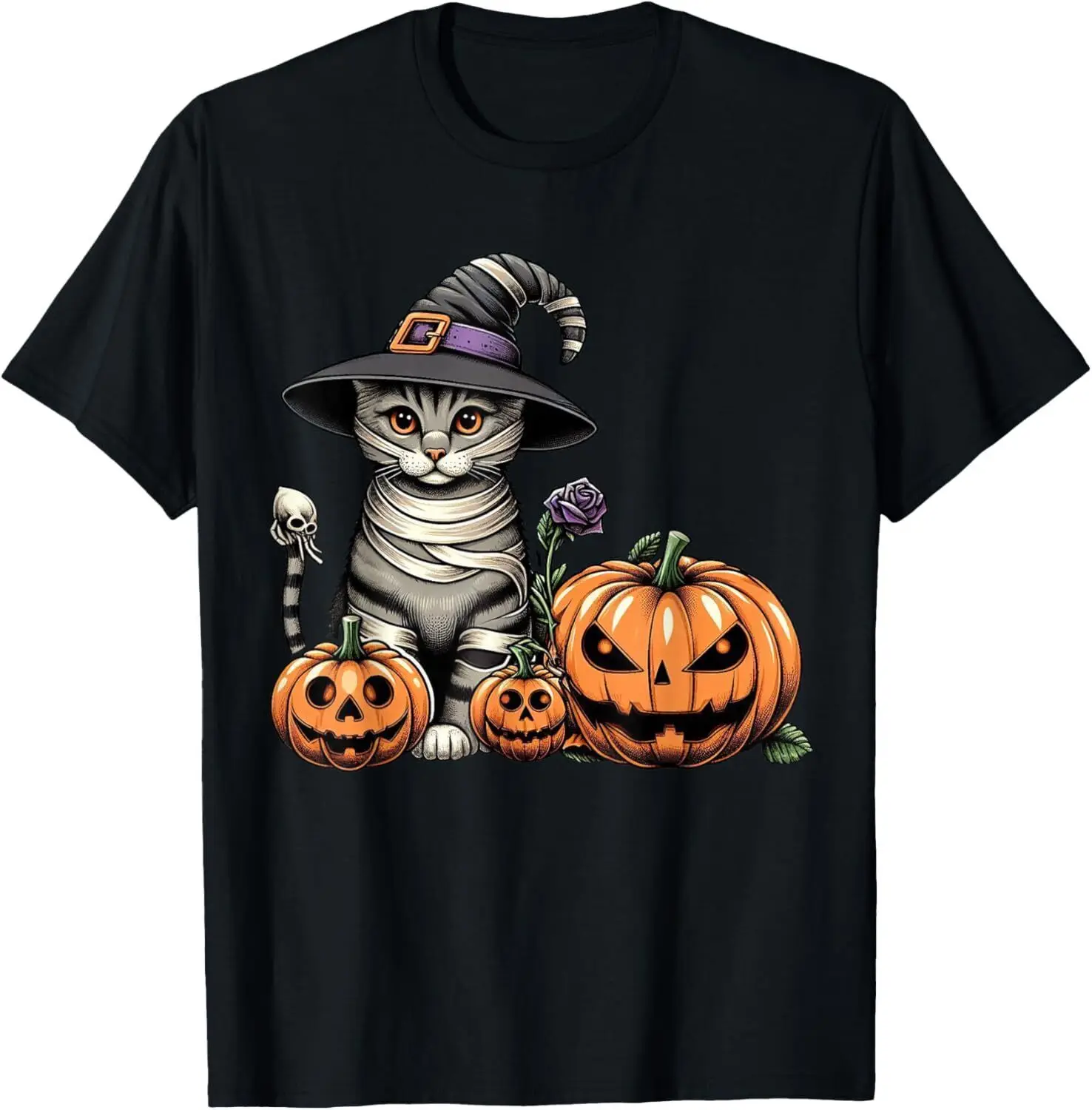 Funny Cute Cat Witch Mummy Pumpkin Halloween Costume T-Shirt