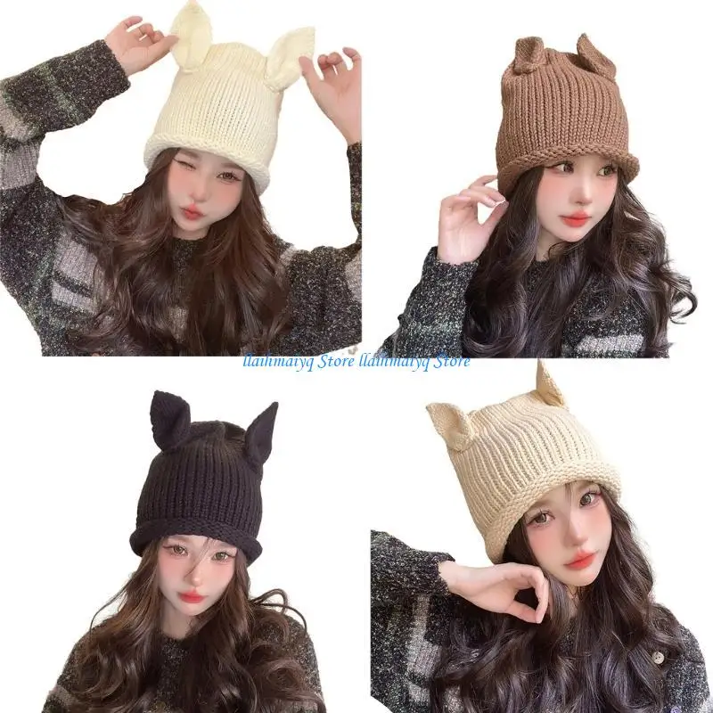 

573B Knitted Hat Beanie Hat for Girls Y2K Cuffed Beanie Hat with Crocheted Ear