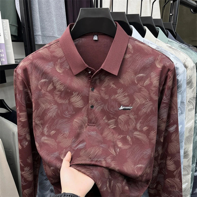 Herren-Polohemd mit abstraktem Blattmuster, langen Ärmeln, umgeschlagenem Kragen, atmungsaktivem, glattem Stoff, für den täglichen, lässigen Gebrauch. – Detail 10