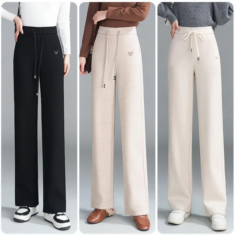 Women's Wide-Leg Pants Autumn and Winter Women's Pants Spring and Autumn Black Loose Waist Trimming Casual Pants Women's