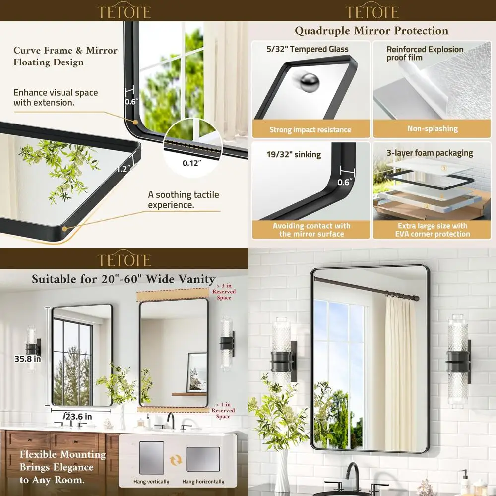 24x36 Zoll moderner Bauernhaus-Kosmetikspiegel, mattschwarzer Rahmen, gehärtetes Glas, Wandmontage für Badezimmerdekoration