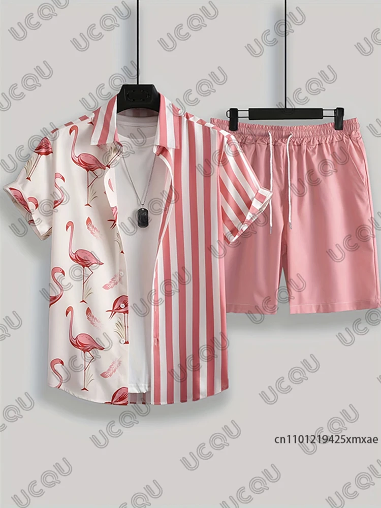 

Summer Men's Hawaiian Shirt Suit Strip Flamingo Print Lapel Short Sleeve Shirt+Shorts Sets Beach Vacation Casual 2 Piece Outfits