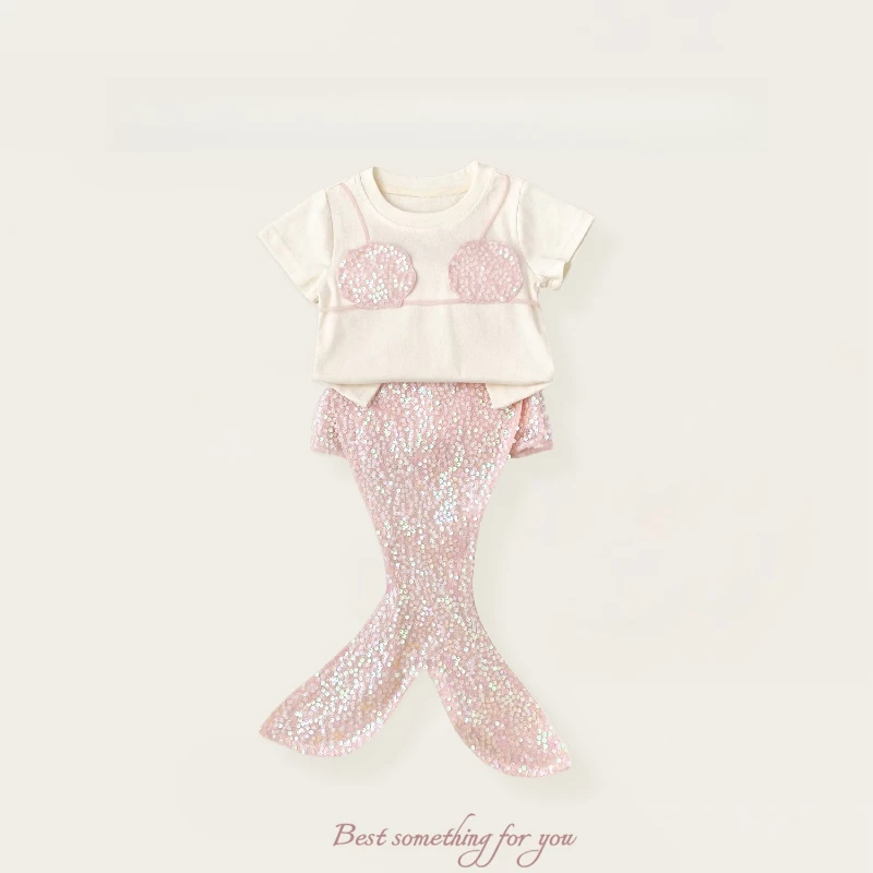

2T-7T Girls Summer Set 2025 New Children's Mermaid Clothes Foreign Princess Three-Piece Set