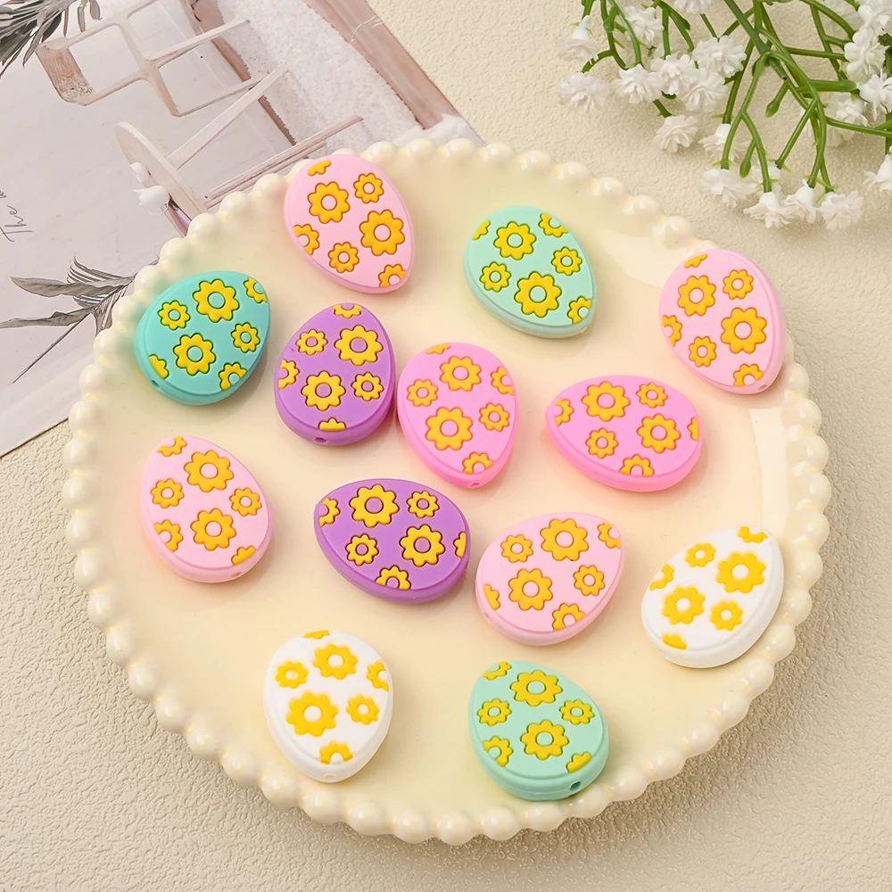 

6pcs Colorful Egg Shape Flower Silicone Beads For DIY Handmade Pacifiers Clip Beaded Pen Jewelry Making