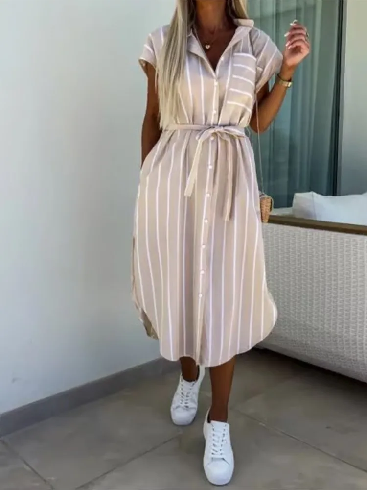 ファッショナブルなストライププリントカジュアルラペルミッドレングススカート痩身夏の新しいシングルブレストシャツドレス女性のための