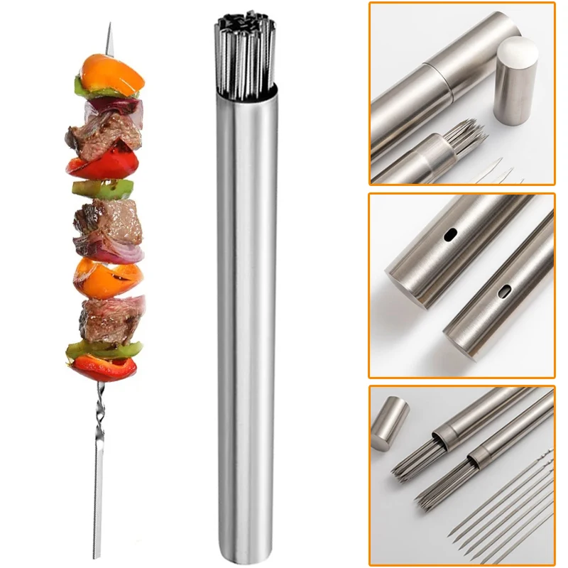 50Pcs Stainless Steel Barbecue Skewer Portable Reusable BBQ Skewers with Tube Kebab Iron Stick for Outdoor Camping Picnic Tools