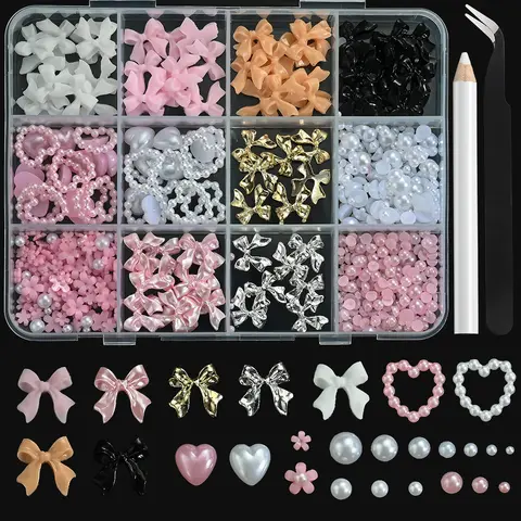 12Grids 3D Multi-Colors Ribbon Flower Nail Art Charms Simulated Perals Love,Metal Bowknot Nail Decoration DIY Manicure Accessory