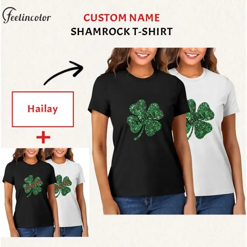 

Customized Your Name Women T-Shirt St. Patrick's Day DIY Tee Clover Graphic Tops Holiday Black White Custom Tees Couple Clothes