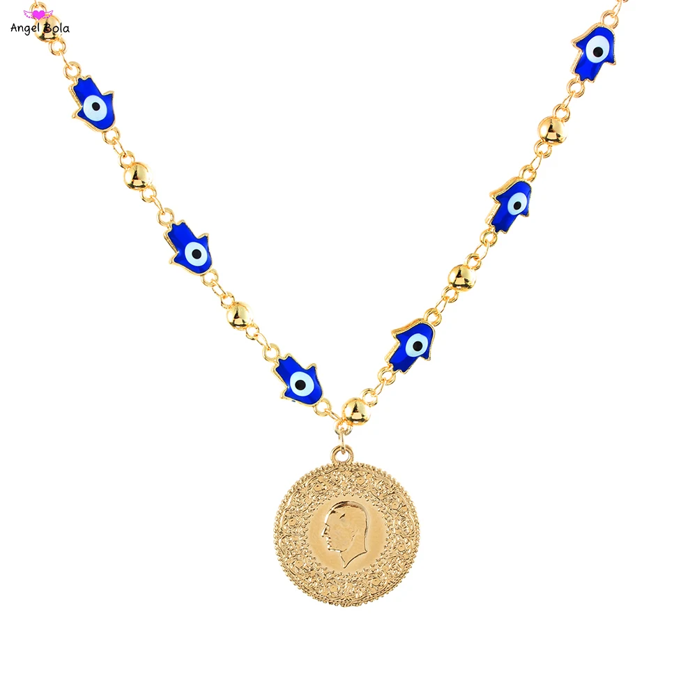 Trendy Lucky Blue Evil Eye Necklace Jewelry Bright Golden Portrait Money Coin Pendant Fashion Women Luxury Arab Party Choker