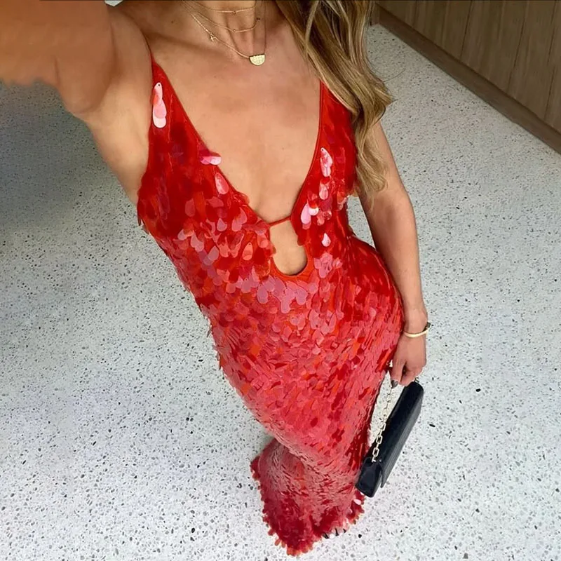 Women's Sequins Strap Dress Sexy Slim Glitter Evening Dresses High Waist Backless Floor Length Lady Party Gown 2025 Summer