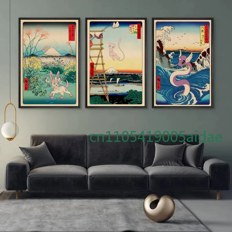 

Japan Anime Pokemon Canvas Painting Pikachu Gengar Eevee Mew Wall Art Posters Print Cartoon Pictures Children's Room Home Decor