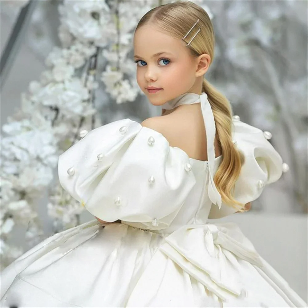 Abito da ragazza di fiori in raso rosa per matrimonio con perle con fiocco Principessa gonfia Regalo di compleanno per bambini Ballo per feste Prima Comunione G