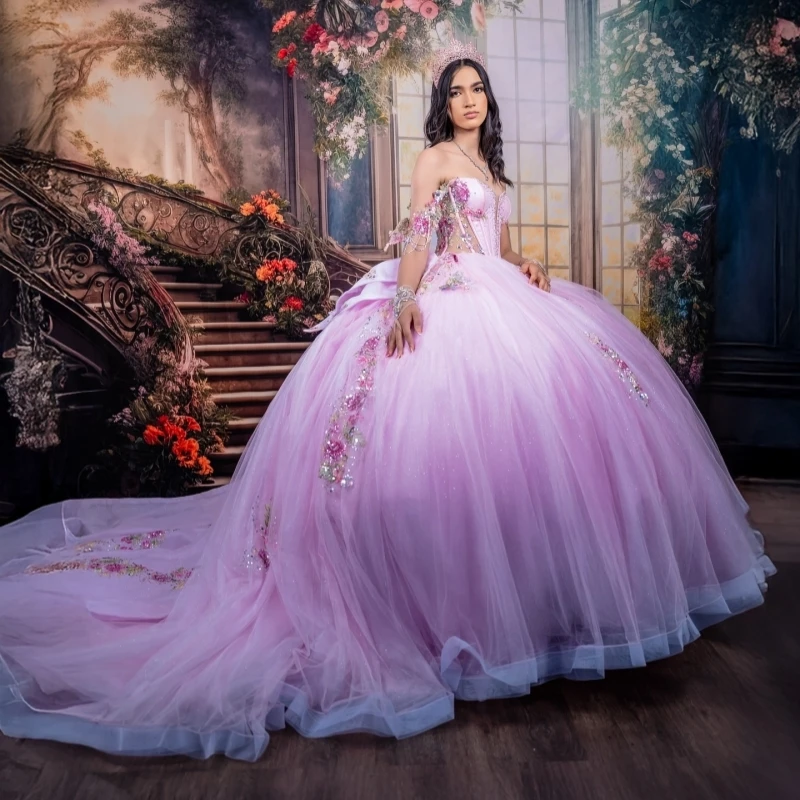 

Pink Shiny Quinceanera Dresses Off The Shoulder Sequin Applique Lace Beads Tull Party Birthday Sweet 16 Dress Vestidos 15 De