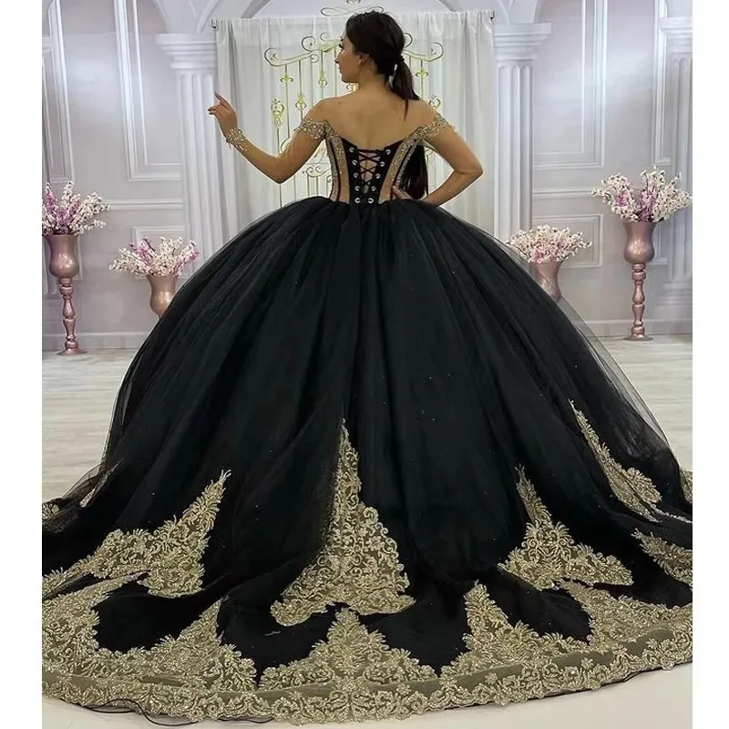 Black  Quinceanera Dresses Silver Lace Appliques Ball Gown Birthday Party Vestidos De 15 Años Long Prom Dress