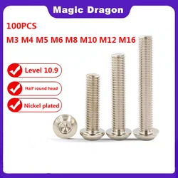 100Pcs 10.9 Grade Nickel plated Half Round Head Socket Head Round Head Screw Mushroom Pan Head Round Cup Bolt M3 M4 M5 M6 M8 M10