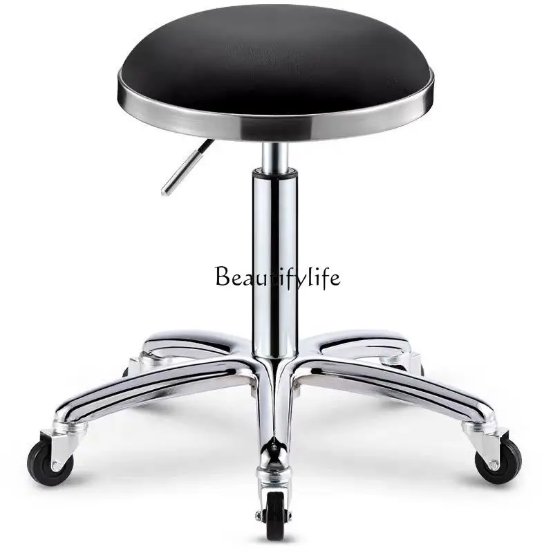 Stainless Steel Beauty Stool Hair Salon Spinning Lift Barber Shop Big Worker Pulley Hair Cutting Stool