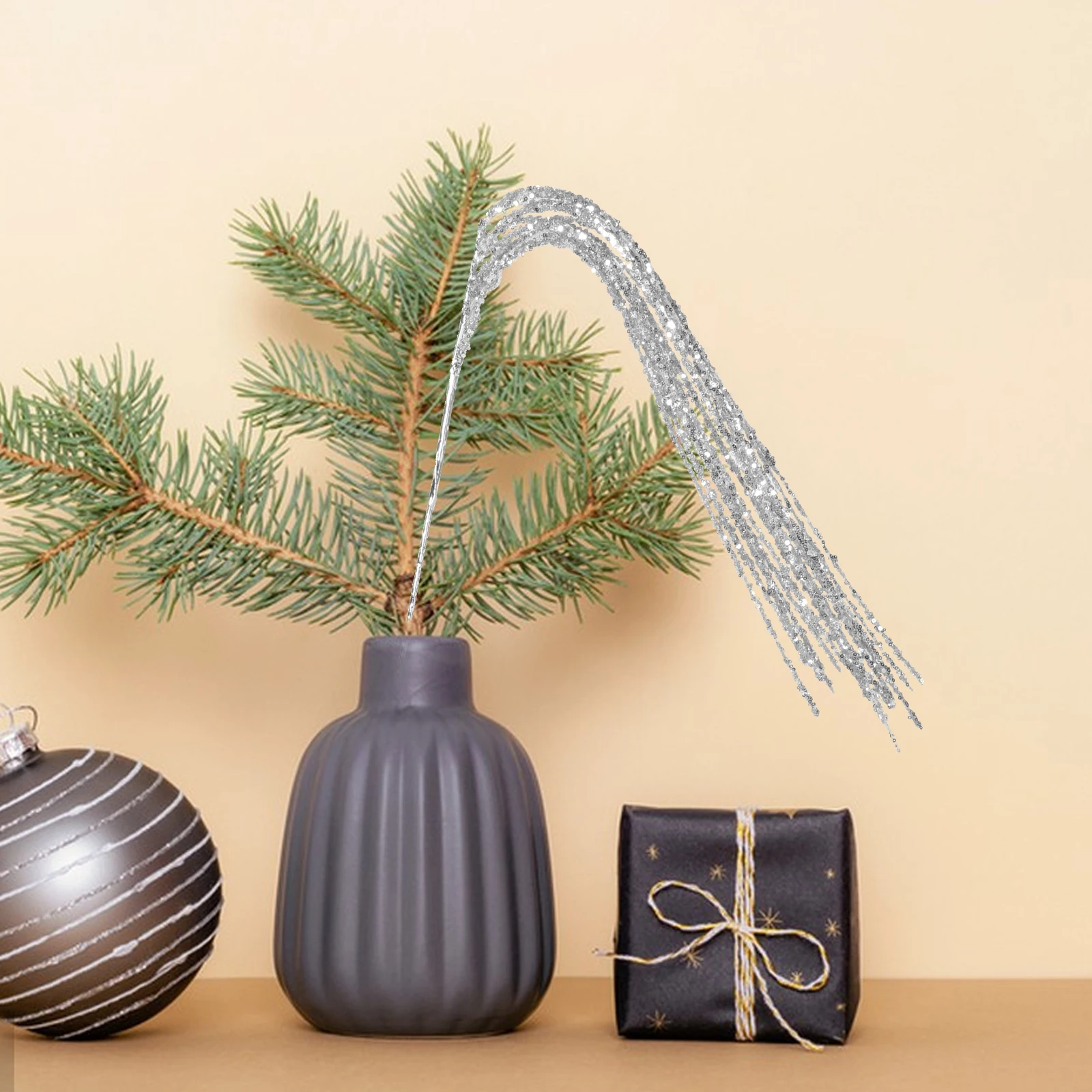 

1pcs Christmas Tree Ornaments Silver Plastic Bead Branches Holiday Decor Xmas Vase Fillers Artificial PicksPlant Christmas