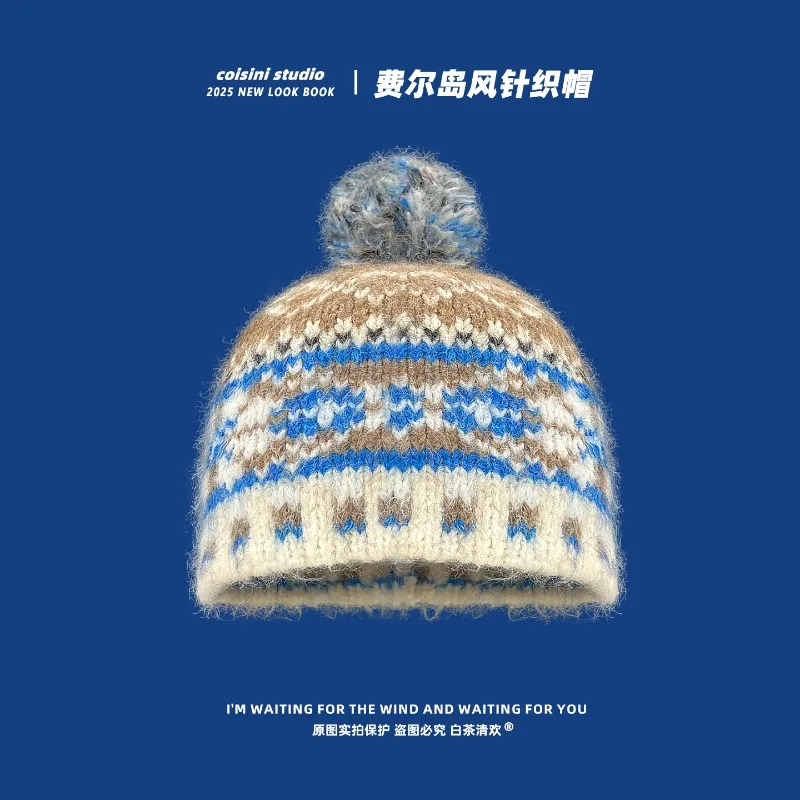 

Осенне-зимний теплый декоративный пуловер в этническом стиле, вязаная шапка, уличная теплая повседневная шапка с черепом, шапки для женщин