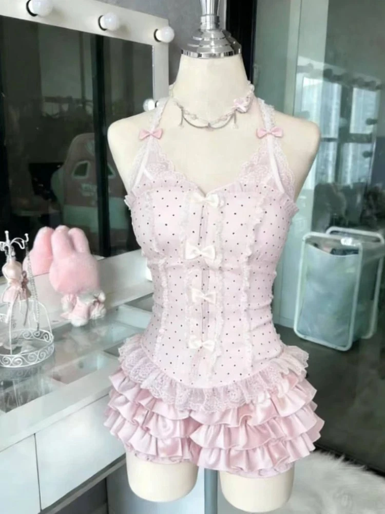 Estilo francés dulce lindo vestido empalmado de lunares lazo de encaje vestidos de moda coreana nuevo diseño cintura delgada señora Y2k Mini vestido