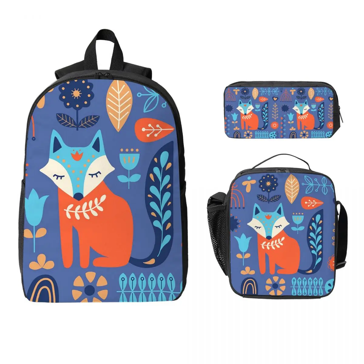 Winter Fox With Plant Pattern Backpack Boys Girls BookBag School Bag Computer Shoulder Bags 3ps Insulated Lunch Bag Pencil Case