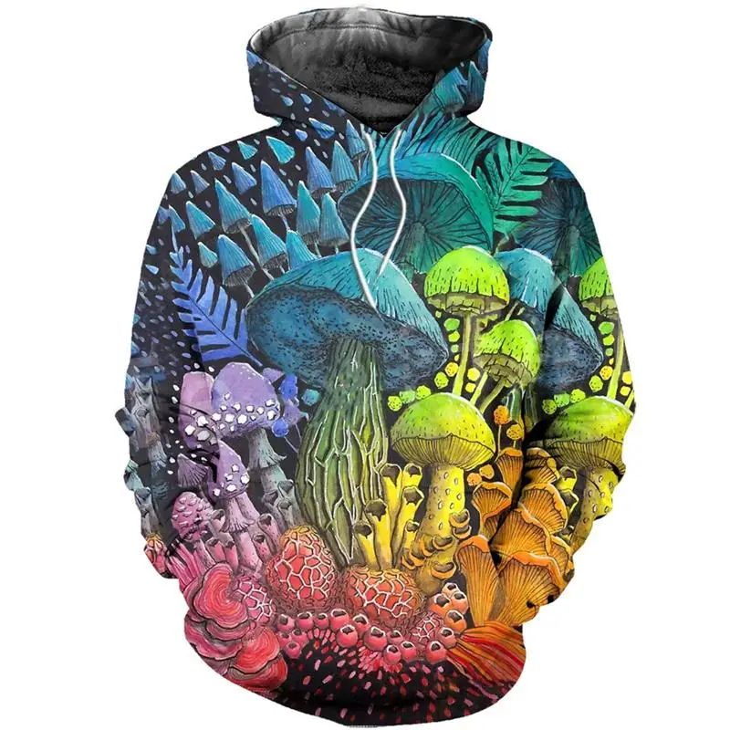Men Trippy Mushroom Print Hoodie Psychedelic Forest Fungus Casual Streetwear Pullover