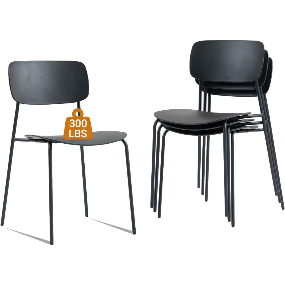 Stackable 4-Chair Set with Metal Legs, Ergonomic Plastic Seats, Ideal for Office, Conference, and Banquet Use, Black