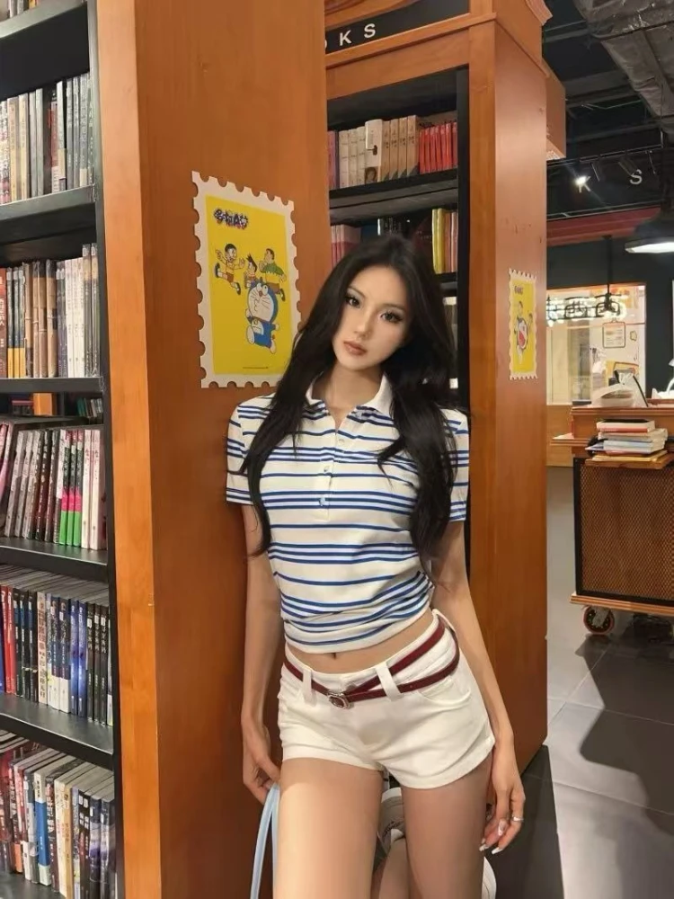 Deeptown Striped Vintage Basic Women Polo Shirts Short Sleeve American Retro Cropped T Shirts Slim Korean Preppy Gyaru Casual