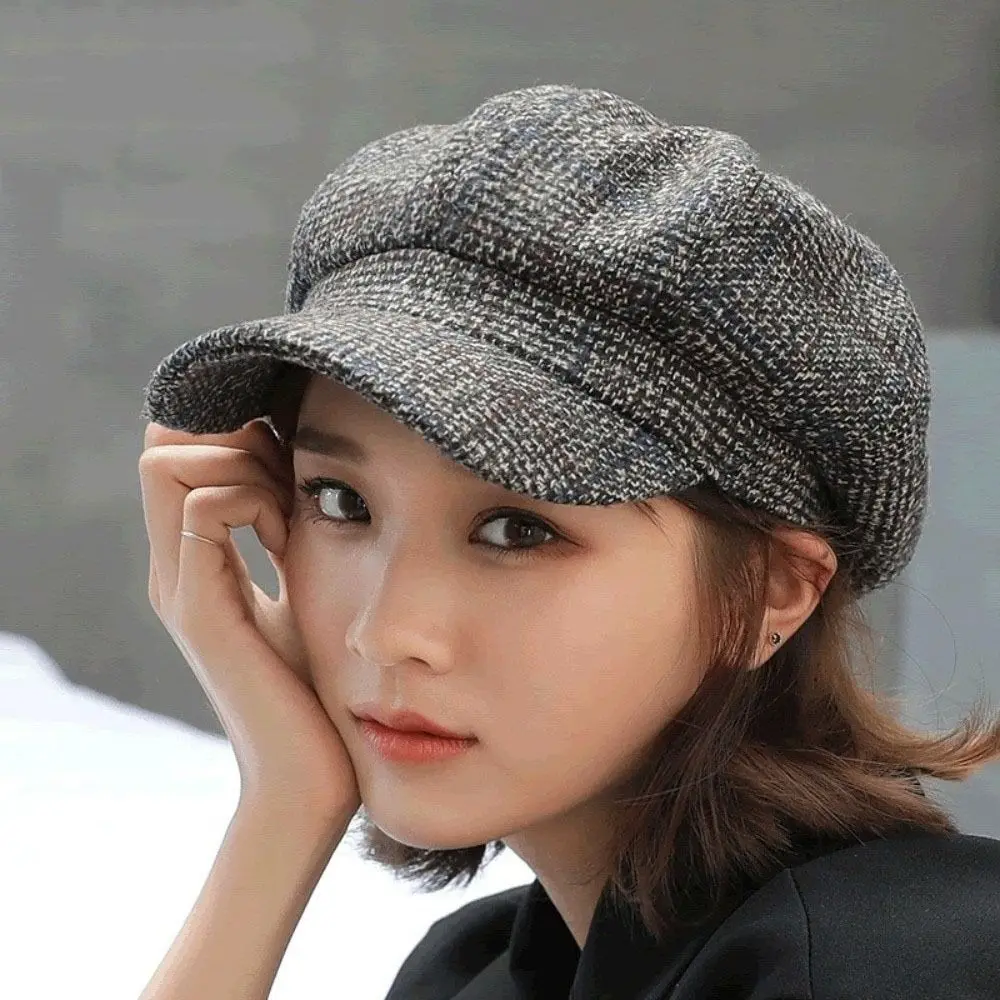

Fashion Woolen Plaid Octagonal Hat Ear Protection Keep Warm Painter Caps Thick Korean Style British Berets Ladies