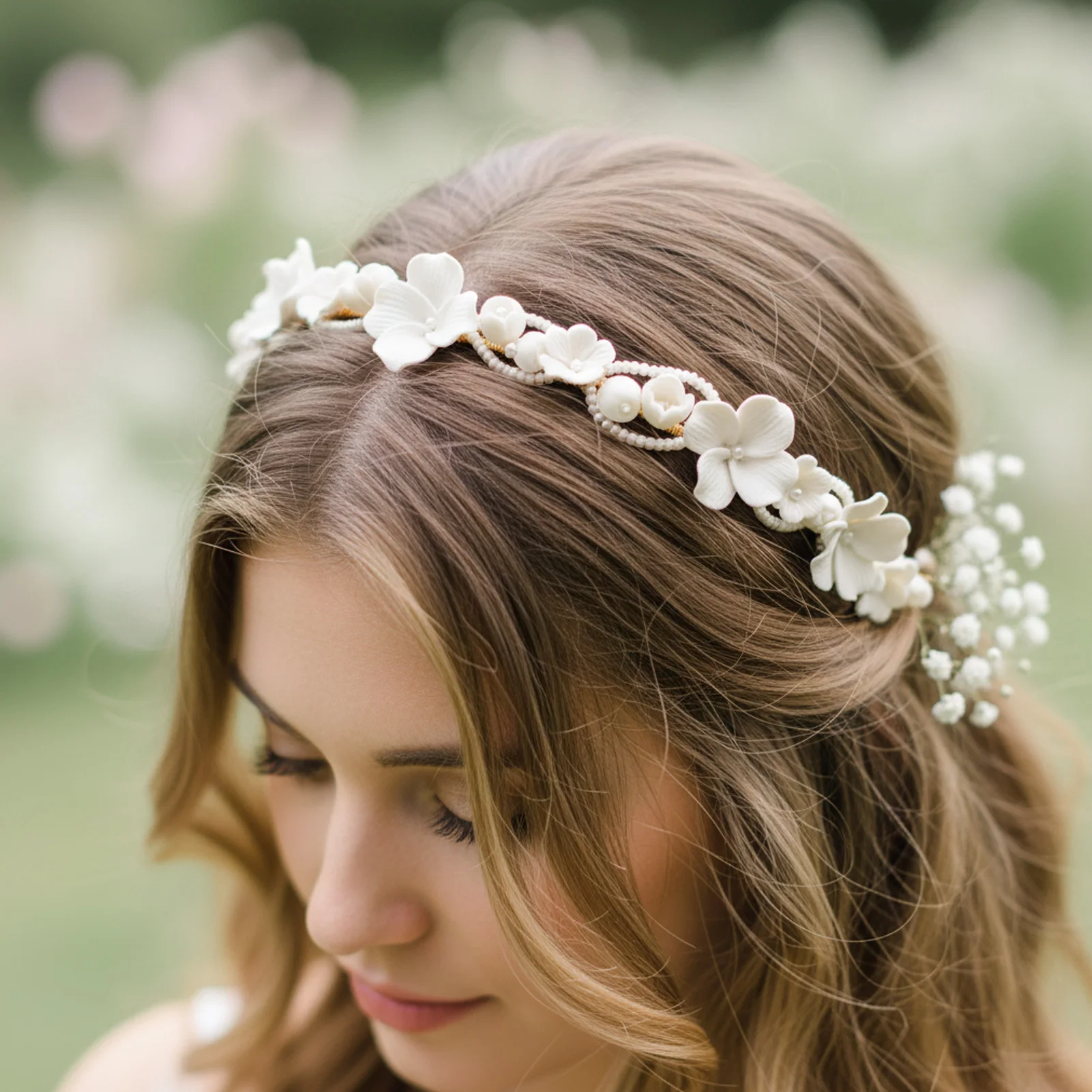 

Bridal Hairband With Ceramic Flowers And Pearls For Wedding Photography