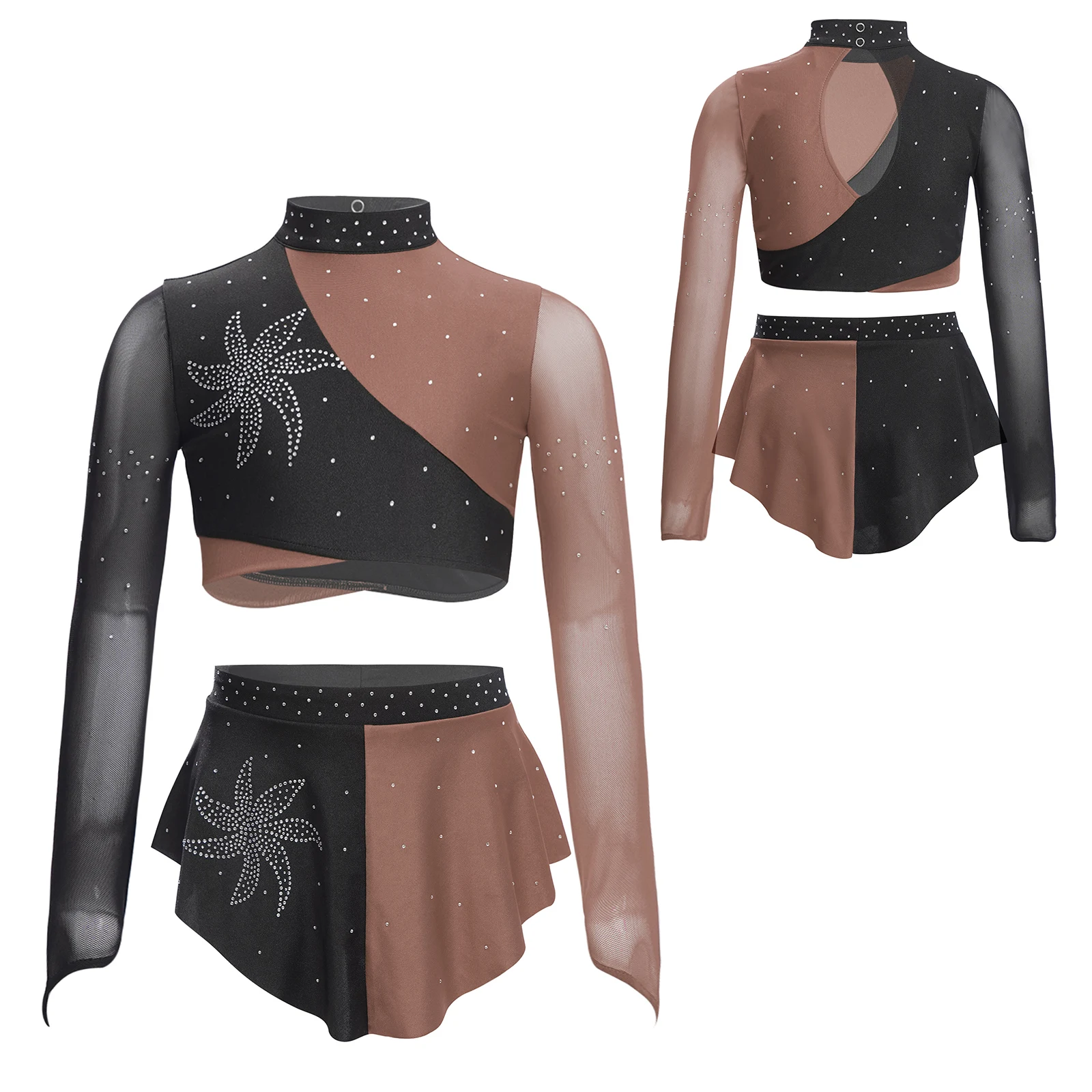 女の子長袖フィギュアスケート衣装バレエ叙情的モダンダンスセットクロップトップ+スカート2点セット体操パフォーマンス衣装