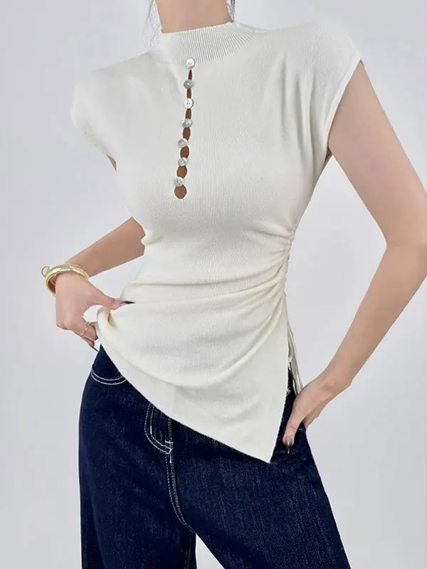 Women's Half High Collar Sleeveless Knitted Top Hollow out Button Detail Drawstring Side Slit Summer Fashion Inner Wear