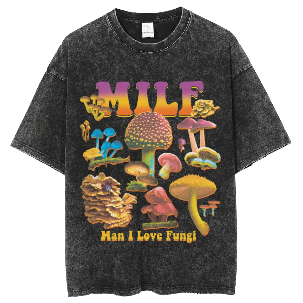 MILF Fungi Mystical Mushroom Graphic T-Shirt Hippie Funny Tshirt Clothes Aesthetic Cottagecore Acid Washed Mineral T Shirt