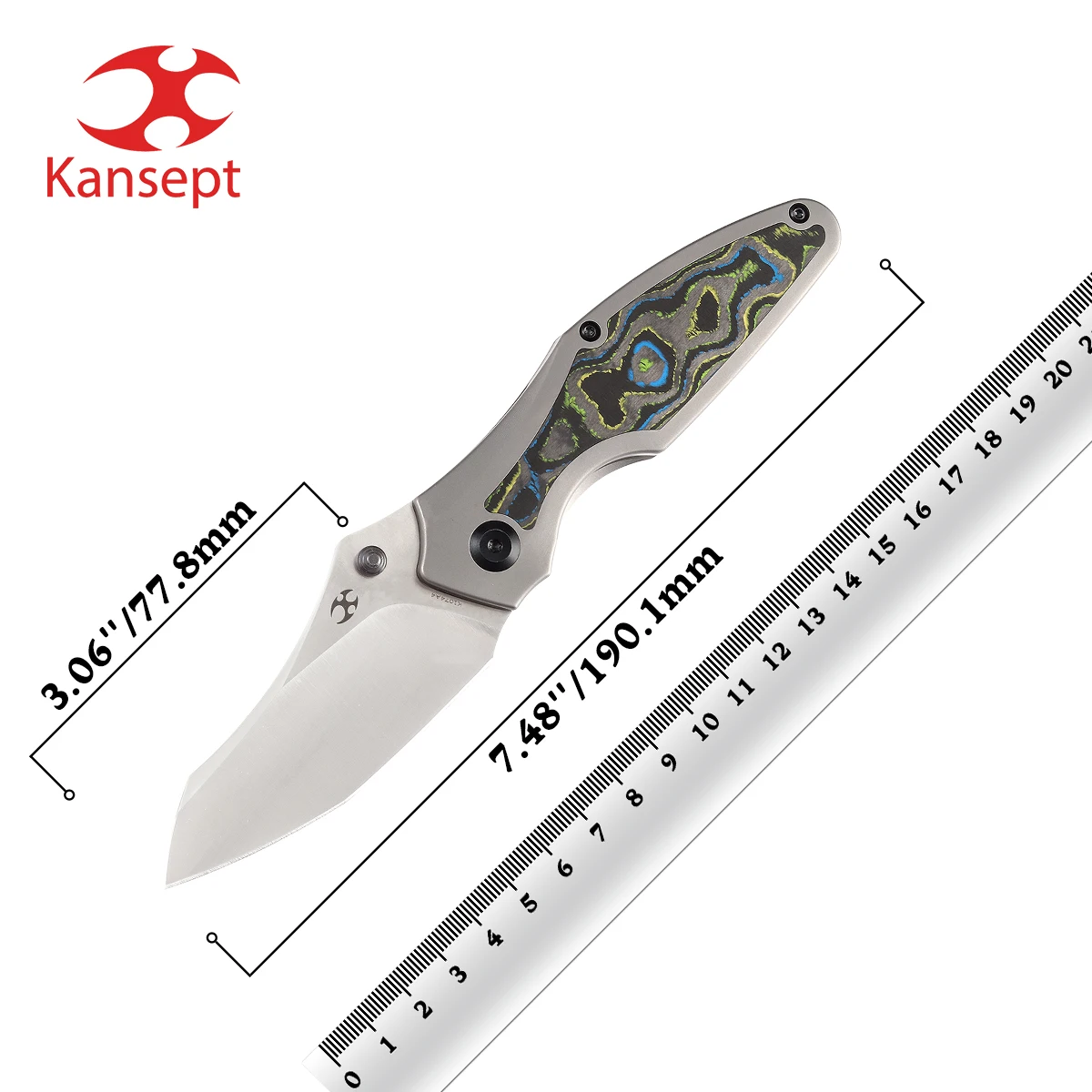 

Kansept Baba Yaga K1074A4 Satin CPM 20CV+Bead Blasted Titanium+80S Camo Carbon Inlay Thumb Stud Folding Knife Useful for Hunting