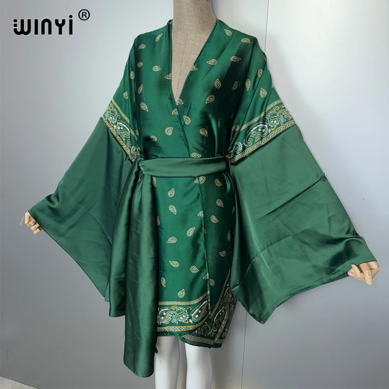 WINYI mode kimono tenues de plage femmes maillot de bain couvrir Cardigan point auto ceinture vacances à manches longues manteau vacances caftan